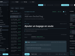Dark-themed translation editor showing an English string, its French translation, quality scores, glossary guidance, and approval controls.