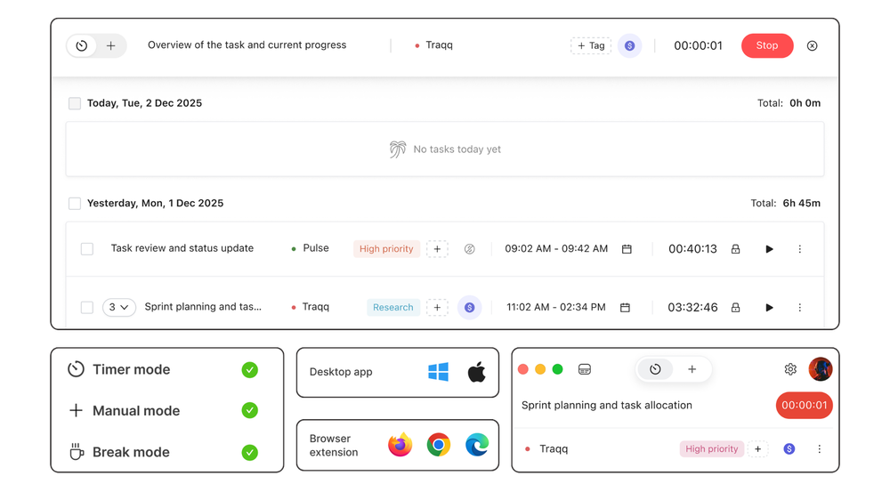 Track time with start/stop timers or manual entries, add tasks, projects, billable status, and tags, and review previous time logs by day.