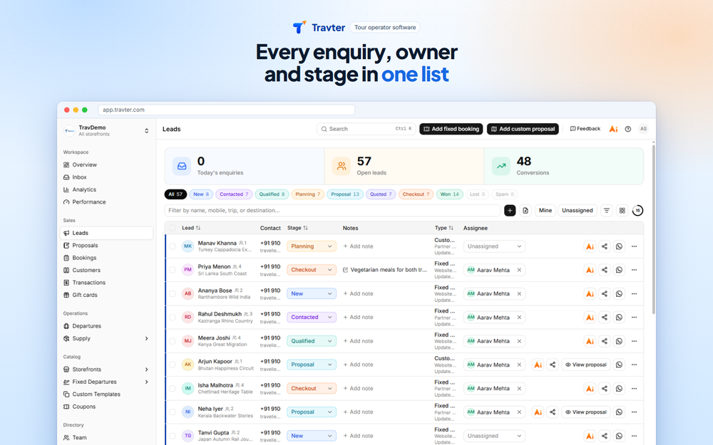 Leads list with owners and stages
