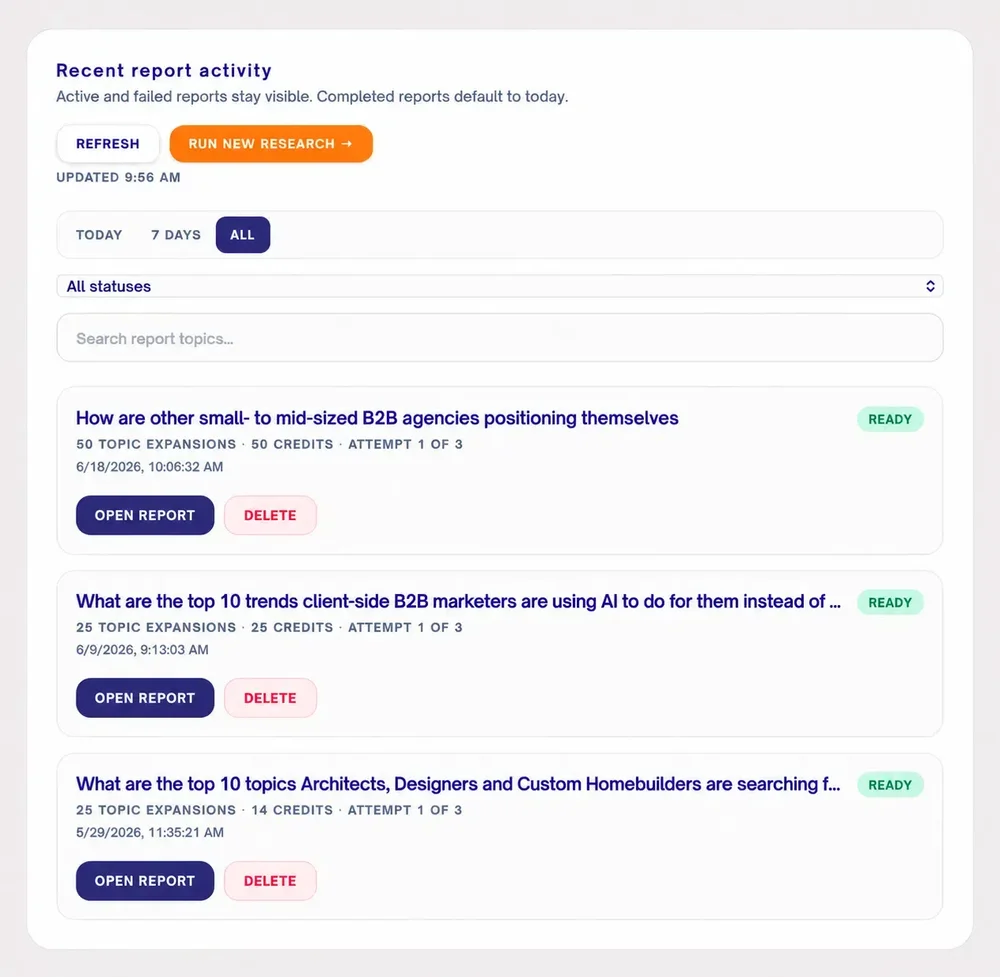 Trendjectory’s Recent report activity page showing filters, a search field, and several completed report entries with Open Report and Delete buttons.