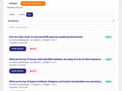 Trendjectory’s Recent report activity page showing filters, a search field, and several completed report entries with Open Report and Delete buttons.