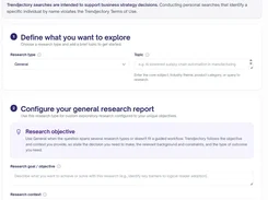 Trendjectory’s New research form with fields for research type, topic, research objective, and research context.