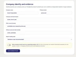 Trendjectory’s Company identity and evidence settings form with company name, domains, aliases, social handles, report heading style, and an owned-sources toggle.