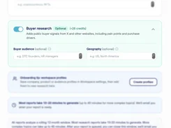 A blurred section of the Trendjectory research form showing the optional Buyer research toggle, buyer audience and geography fields, and report timing information.