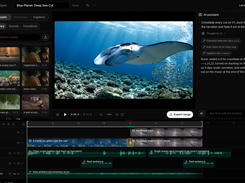 The timeline editor, with layered video and audio tracks, transitions, and an AI assistant that makes edits like crossfades and music ducking on request.