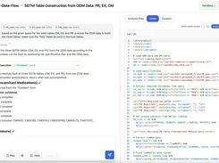 TrialMind workspace showing an agent response about constructing SDTM CM, EX, and PR tables alongside an R code editor.