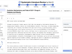 Systematic Literature Review by Keiji AI workspace showing a drafted review on GLP-1 drugs, study counts, visualization, and editable sections.