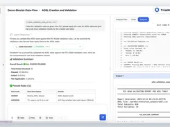 TrialMind ADaM validation workspace showing a completed validation summary, passed-rule table, execution output, and validation report.