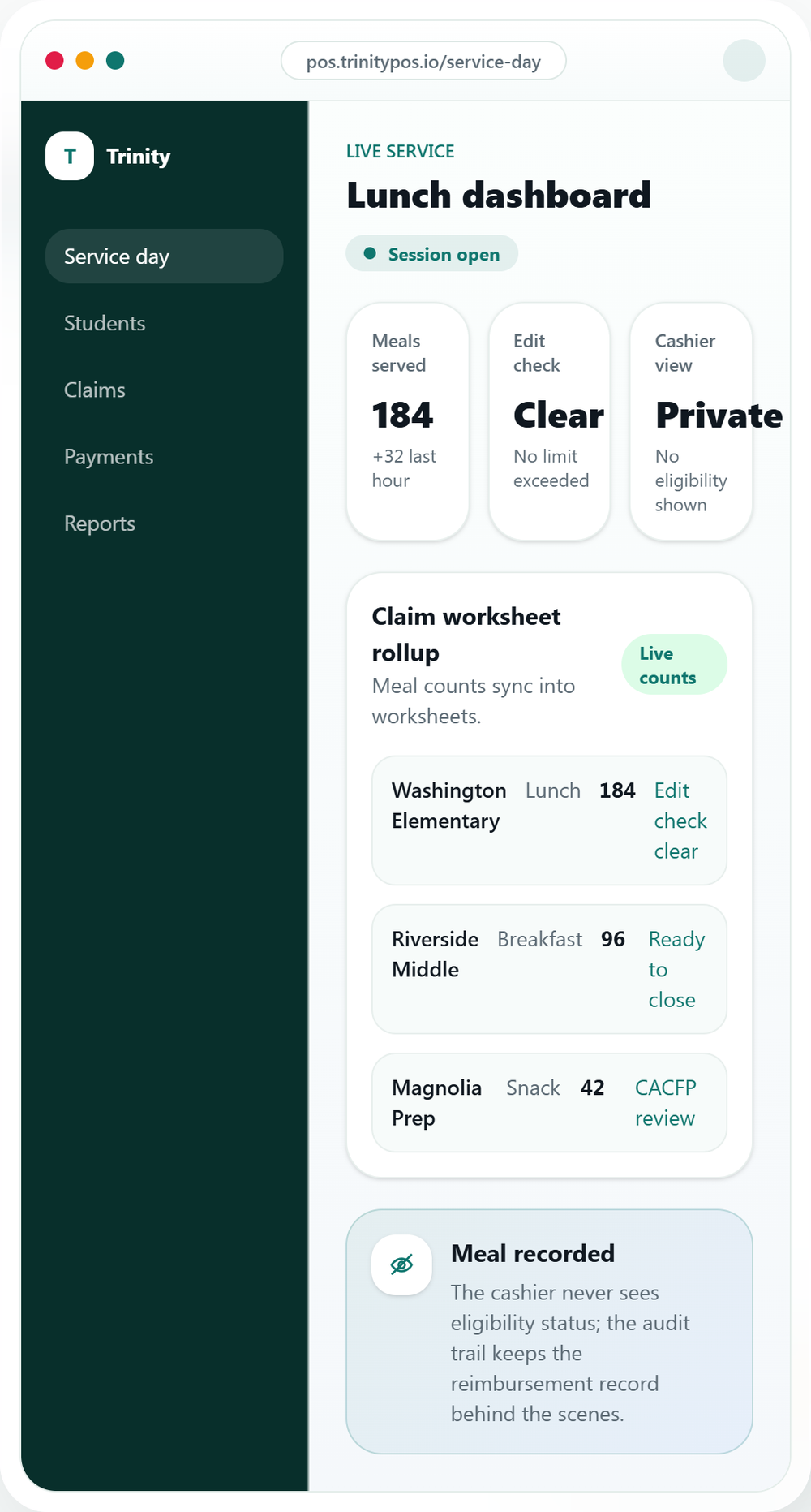 Live service dashboard - meal counts sync straight into claim worksheets