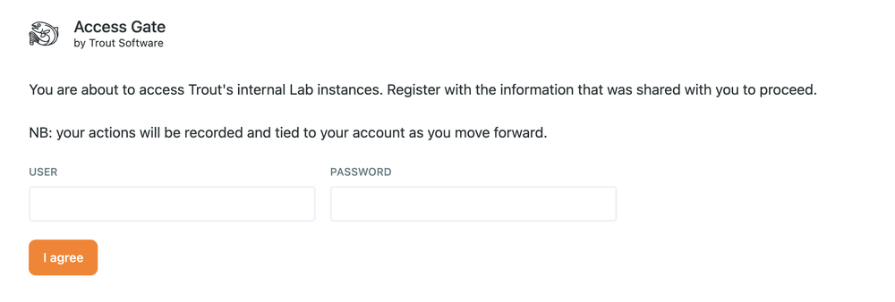 Access Gate by Trout Software login page with explanatory access text, User and Password fields, and an I agree button.