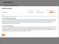 Access Gate screen editor for Entra Access, with Microsoft Entra ID directory selection, security level, timeout, and access-policy text.