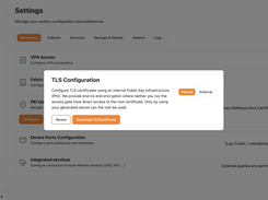 Access Gate Settings page with a TLS Configuration dialog for internal or external certificates, including renew and download certificate actions.