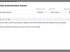 Access Gate Authentication Screen editor with title, security level, directory, access timeout, and rich-text content fields.
