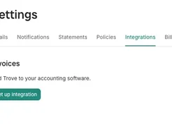Trove Settings screen with the Integrations tab selected and a 'Set up integration' button under Invoices.