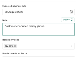 Trove form titled 'Change payment date' with expected payment date, customer note, related invoice, and reminder date fields.
