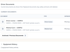 Driver document tracking with current and archived records for operational compliance workflows.