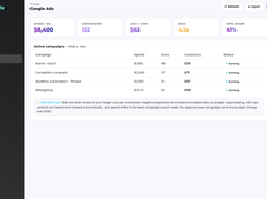 Google Ads: spend, clicks and cost per lead, with a daily watch on the account change history