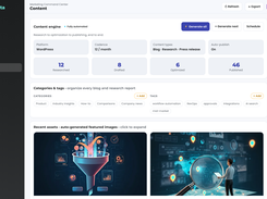 Content engine: articles researched, written and published to your own site, gated on real search demand