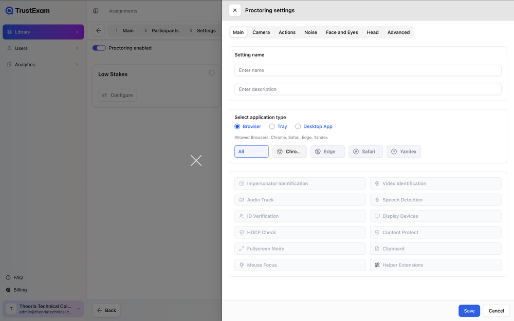 Customize every proctoring parameter — cameras, identity checks, screen capture, noise detection, and more — from one settings panel.