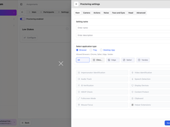 Customize every proctoring parameter — cameras, identity checks, screen capture, noise detection, and more — from one settings panel.