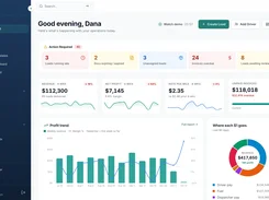 Truxello dashboard with action-required metrics, revenue, net profit, rate-per-mile, invoice, and profit-trend charts.