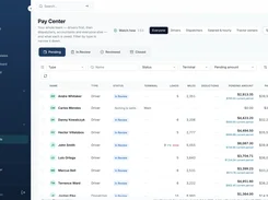 Truxello Pay Center showing driver settlement statuses, loads, miles, pending amounts, and paid year-to-date values.