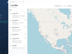 Truxello Live Map showing six listed drivers and vehicle location markers across North America.