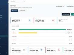 Truxello Invoices dashboard with outstanding and overdue totals and invoice-aging bars.