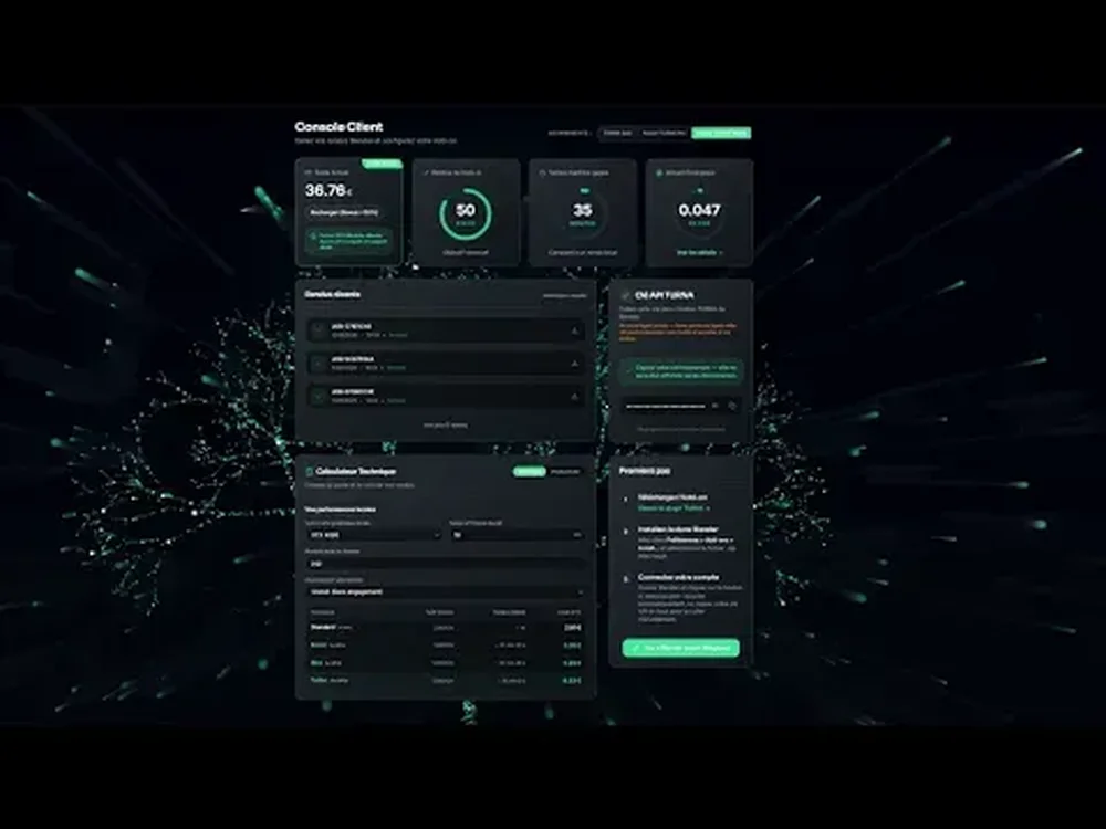 A dark dashboard labeled “Console Client” with metric cards, task lists, a job panel, and green action buttons.