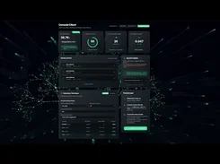 A dark dashboard labeled “Console Client” with metric cards, task lists, a job panel, and green action buttons.