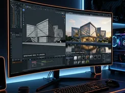 A monitor displays Blender with a building wireframe viewport on the left and a rendered building view on the right, with node controls along the bottom.