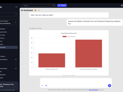 Show a natural-language prompt creating test cases, building a run, or analyzing results