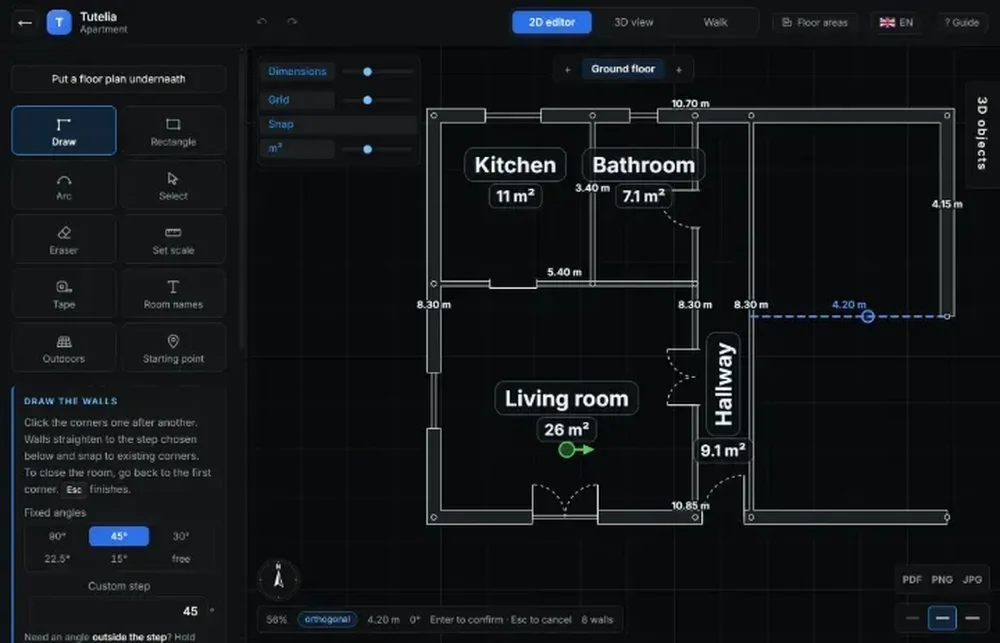 The Tutelia 2D editor interface showing drawing tools, dimension controls, and a measured floor plan with labeled rooms.