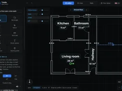 The Tutelia 2D editor interface showing drawing tools, dimension controls, and a measured floor plan with labeled rooms.