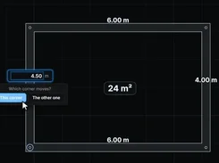 A dark-grid rectangular floor plan with 6.00 m and 4.00 m dimensions, a 24 m² area label, and a corner-adjustment popup.
