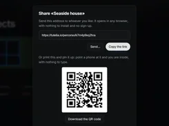 A dark share dialog for a project named Seaside house, showing a share link, Send button, Copy the link button, and QR code.