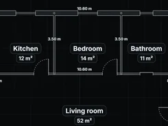 A dark-grid floor plan labeled Kitchen, Bedroom, Bathroom, and Living room, with room areas and wall dimensions.