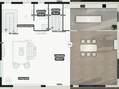 A split view showing a labeled floor plan on the left and a top-down 3D furnished living and dining area on the right.
