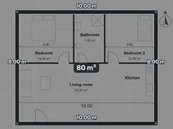 A furnished two-bedroom floor plan with 10.00 m by 8.00 m dimensions and a central 80 m² label.