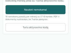 Tvarka Sign for Android: choose free personal NFC signing with a compatible Lithuanian eID card (10 PDF signatures/month) or activate business use. Lithuanian interface shown.