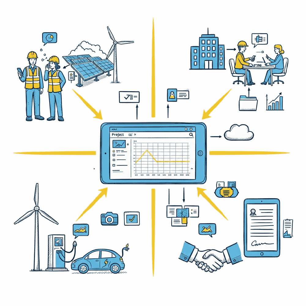 Diagram centered on a tablet showing a project chart, with arrows linking renewable-energy workers, an office meeting, an electric car charger, document signing, cloud services, and collaboration icons.