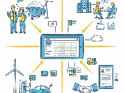 Diagram centered on a tablet showing a project chart, with arrows linking renewable-energy workers, an office meeting, an electric car charger, document signing, cloud services, and collaboration icons.