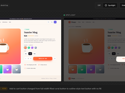 Dark-themed UI Verify comparison screen with baseline and spotlight panels side by side; the spotlight highlights a changed Add to cart button and a regression explanation below.