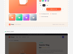 Light-themed visual-regression interface showing baseline and spotlight views of a sample Shopify product page, with an AI regression-high label.