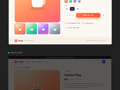 Dark-themed visual-regression interface showing baseline and spotlight views of a sample Shopify product page, with an AI regression-high label.