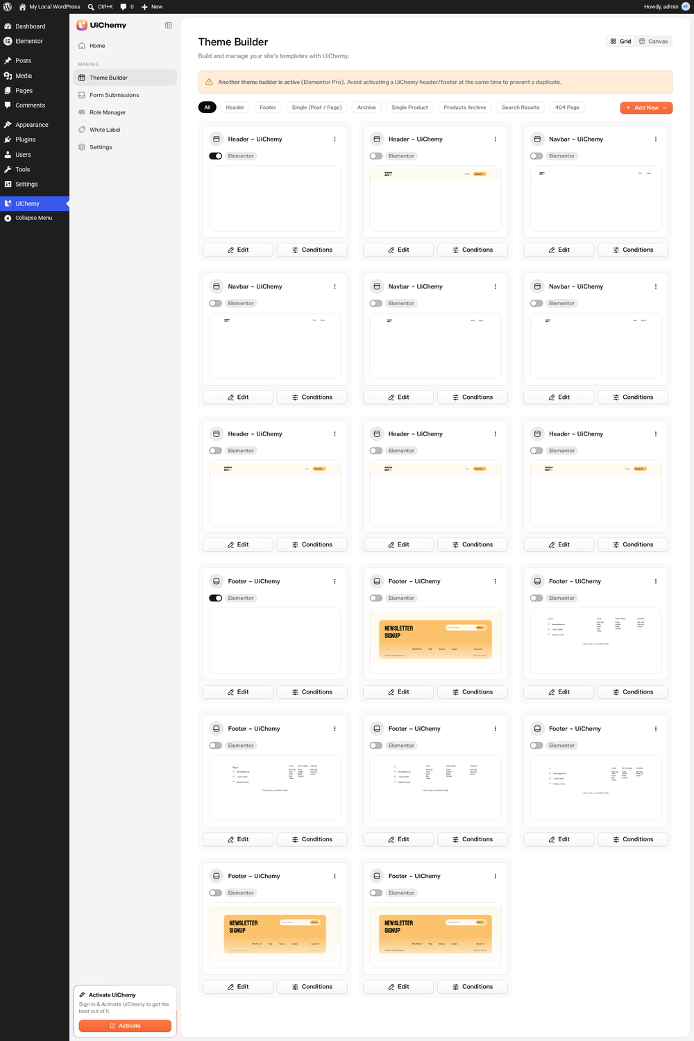 WordPress admin page for UiChemy Theme Builder showing cards for headers, navigation bars, and footers, with Edit and Conditions controls.