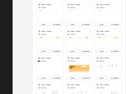 WordPress admin page for UiChemy Theme Builder showing cards for headers, navigation bars, and footers, with Edit and Conditions controls.