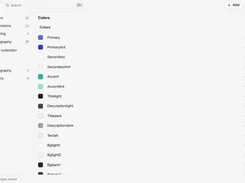 Globals settings interface listing color tokens such as Primary, Secondary, Accent, Titlelight, and Descriptionlight with hexadecimal values.