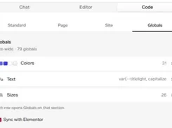 UiChemy-style editor interface on the Globals tab, listing Colors, Text, and Sizes and a “Sync with Elementor” option.