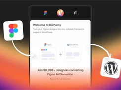 UiChemy welcome panel states that Figma designs can become editable Elementor pages in WordPress, with Figma and WordPress icons connected by arrows.